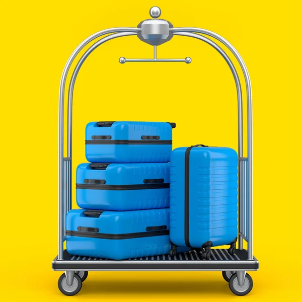 정기적 폴리카보네이트 가방을 트롤리 카트에 노란색 배경에 수하물을 수하물 수송에 — 스톡 사진