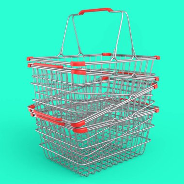 Yeşil arka planda süpermarketten bir yığın metal tel alışveriş sepeti. 3D canlandırma konsepti online alışveriş ve Kara Cuma indirimi