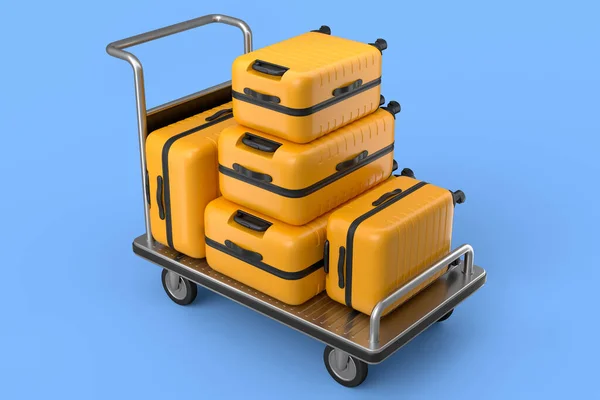 Regular polycarbonate suitcase on hotel trolley cart for carrying baggage on blue background. 3d render travel concept of hotel service on vacation and luggage transportation