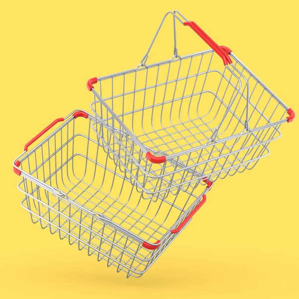 Set Metalwire Shopping Basket Supermarket Yellow Background Render Concept Online — Stock Photo, Image