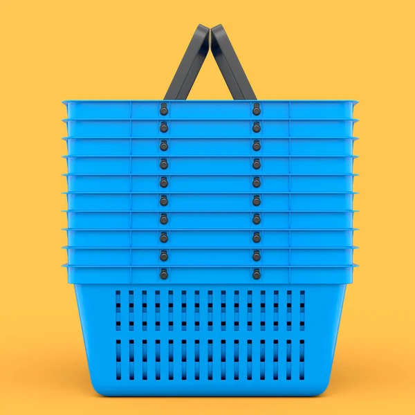 Stack of plastic shopping basket from supermarket on yellow background. 3d render concept of online shopping andblack friday sale