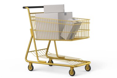 Alışveriş arabası ya da market arabası beyaz arka planda. 3D satış, indirim, alışveriş ve teslimat konsepti, paket ve çevrimiçi alışveriş