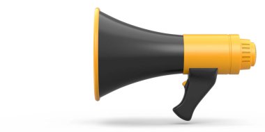 Beyaz arka planda megafon izole edilmiş. 3D alışveriş ve reklam fikri, işe alım kavramı