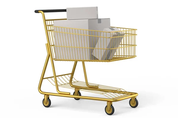 白色背景的购物车或购物车购买食品杂货 3D提供销售 购物及交付仓库 运送包裹及网上购物的概念 — 图库照片
