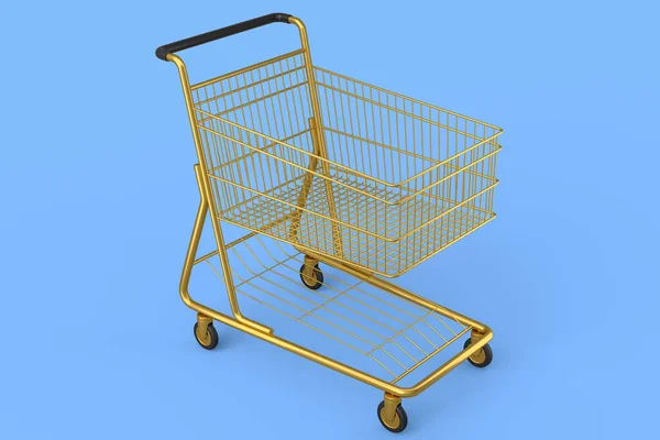 Shopping cart or trolley for groceries on blue background. 3d render concept of sale, discount, shopping and delivery