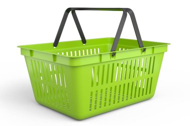Beyaz arka planda süpermarketten alınmış plastik alışveriş sepeti. 3D canlandırma konsepti online alışveriş ve Kara Cuma indirimi