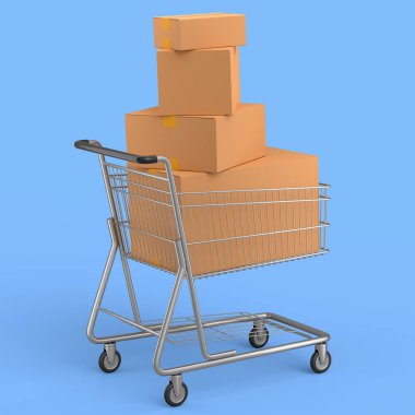 Alışveriş arabası ya da alışveriş arabası mavi arka planda. 3D satış, indirim, alışveriş ve teslimat konsepti, paket ve çevrimiçi alışveriş