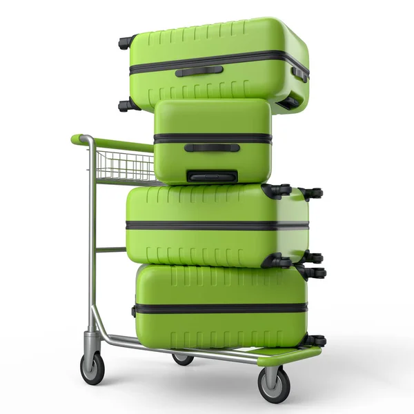 Regular polycarbonate suitcase on hotel trolley cart for carrying baggage on white background. 3d render travel concept of hotel service on vacation and luggage transportation