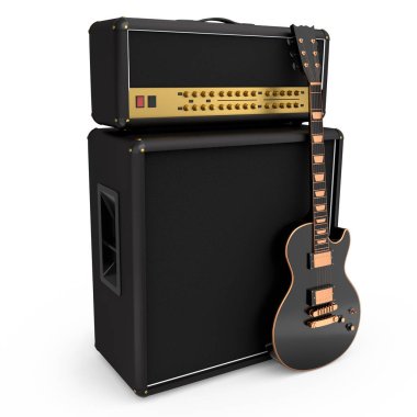 Beyaz arka planda izole edilmiş elektro veya akustik gitarlı klasik amplifikatör. Stüdyo veya prova odasında bas gitar kaydetmek için 3D yükseltici, rock festivali poste konsepti