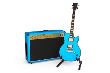 Beyaz arka planda elektro veya akustik gitarlı klasik amplifikatör var. Stüdyo veya prova odasında bas gitar kaydetmek için 3D yükseltici, rock festivali konsepti