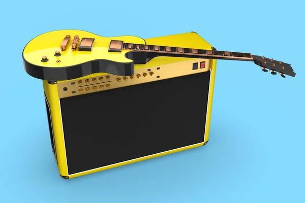 Classical amplifier with electric or acoustic guitar isolated on blue background. 3d render of amplifier for recording bass guitar in studio or rehearsal room, concept for rock festival poste