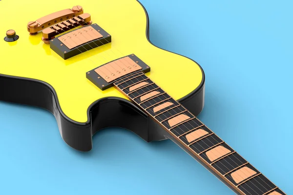 在蓝色背景上隔离的特写电声吉他 音乐商店用重金属吉他摇滚音乐节海报的3D渲染概念 — 图库照片