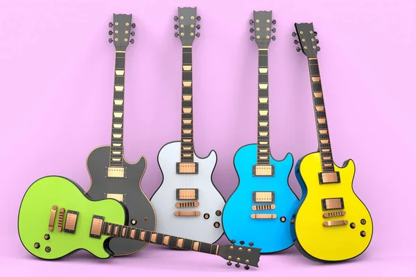 Set of electric acoustic guitar isolated on pinkbackground. 3d render of concept for rock festival poster with heavy metal guitar for music shop