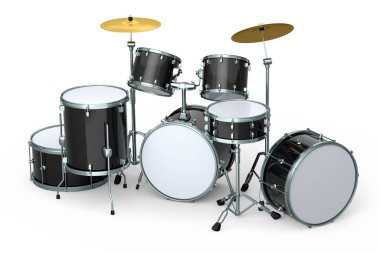 Beyaz arka planda metal zilleri olan gerçekçi davullar. 3D render müzik perküsyon enstrümanı, davul makinesi ve bateri seti