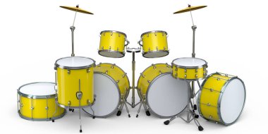Beyaz arka planda metal zilleri olan gerçekçi davullar. 3D render müzik perküsyon enstrümanı, davul makinesi ve bateri seti