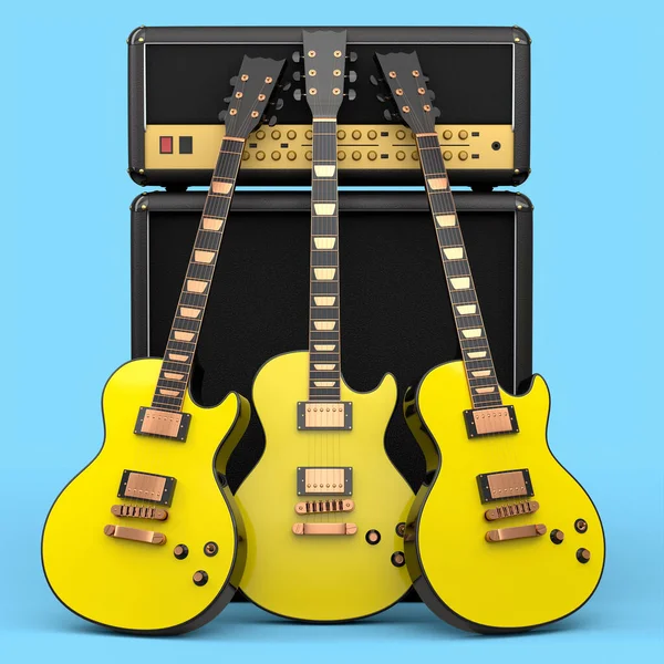 Set of electric acoustic guitar and amplifier on blue background. 3d render of concept for rock festival poster with heavy metal guitar for music shop