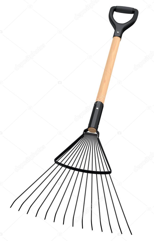 Garden rake with wooden handle for harvesting hay isolated on white background. 3d render of garden tool and equipment for farm and harvesting
