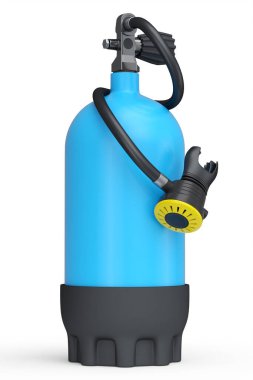 Mavi dalış tankı beyaz arka planda izole edilmiş şnorkelle yüzmek için tam oksijen. Yaz tatili için 3D dalış ve spor malzemesi.
