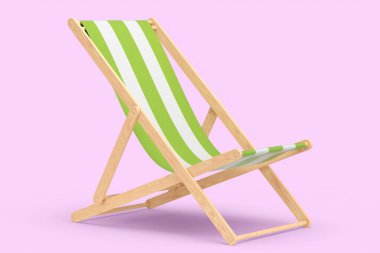 Yeşil çizgili plaj sandalyesi pembe arka planda izole edilmiş. 3D plaj, okyanus tatili ve yaz tatilleri.