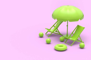 Şemsiyeli plaj sandalyesi ve tek renkli pembe arka planda plaj topu. Yaz tatili kavramının 3 boyutlu canlandırması
