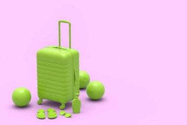 Renkli bavul ya da tek renkli pembe arka planda plaj aksesuarlarıyla dolu bagaj. Yaz tatili konsepti ve tatillerinin 3 boyutlu canlandırması