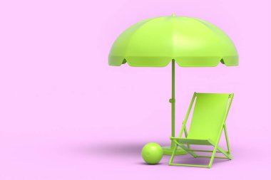 Şemsiyeli plaj sandalyesi ve tek renkli pembe arka planda plaj topu. Yaz tatili kavramının 3 boyutlu canlandırması