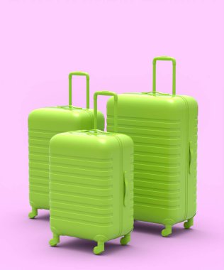 Renkli bavul ya da tek renkli pembe arka planda valiz. Yaz tatili konsepti ve tatillerinin 3 boyutlu canlandırması