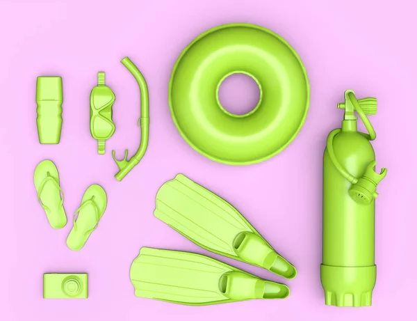Colorful scuba stuff and beach accessories like umbrella, flip flops and inflatable ring on monochrome pink background. 3D render of summer vacation concept and holidays
