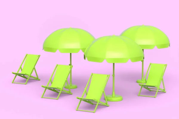 Beach chairs with umbrellas and beach ball on monochrome pink background. 3D render of summer vacation concept