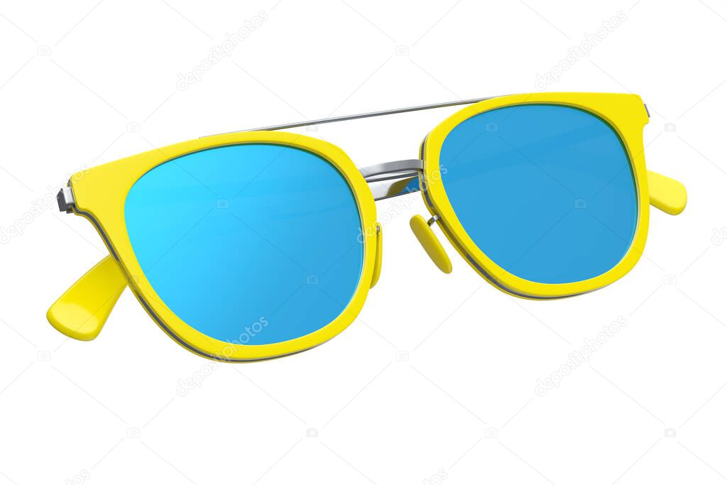 Realistic sunglasess with gradient lens and yellow plastic frame for summertime on white background. 3d render family travel concept and eyes protection on sun