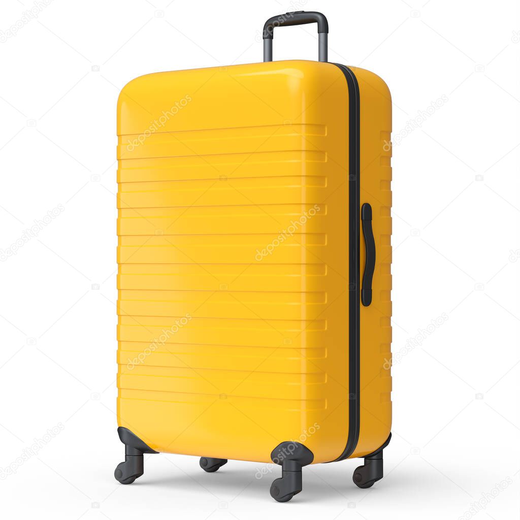 Large orange polycarbonate suitcase isolated on white background. 3d render travel concept of baggage or luggage