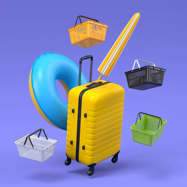 Colorful Luggage Beach Accessories Shopping Basket Flying Blue Background Render — Photo