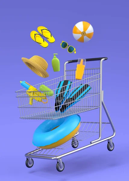 Colorful Beach Accessories Shopping Trolley Blue Background Render Summer Vacation — Photo