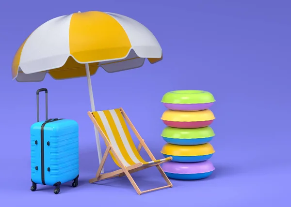 Colorful Beach Rings Chair Umbrellas Lugagge Blue Background Render Summer — ストック写真