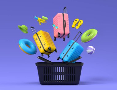Colorful luggage with beach accessories in shopping basket on blue background. 3D render of summer vacation concept and holidays