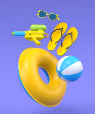 Colorful beach accessories on blue background. 3D render of summer vacation concept and holidays