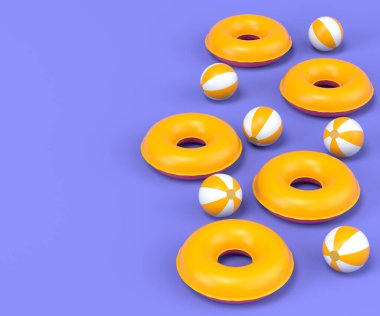 Mavi arka planda renkli şişirilebilir yüzükler ve toplar. Yaz tatili konsepti ve tatillerinin 3 boyutlu canlandırması