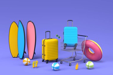 Plaj aksesuarları ve mavi arka planda alışveriş arabası olan renkli bavullar. Yaz tatili konsepti ve tatillerinin 3 boyutlu canlandırması