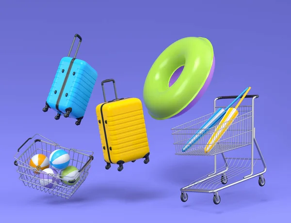 Colorful Luggage Beach Accessories Shopping Basket Flying Blue Background Render — Stok fotoğraf