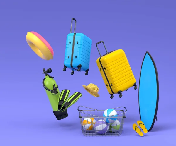 Colorful Luggage Beach Accessories Shopping Basket Flying Blue Background Render — 스톡 사진