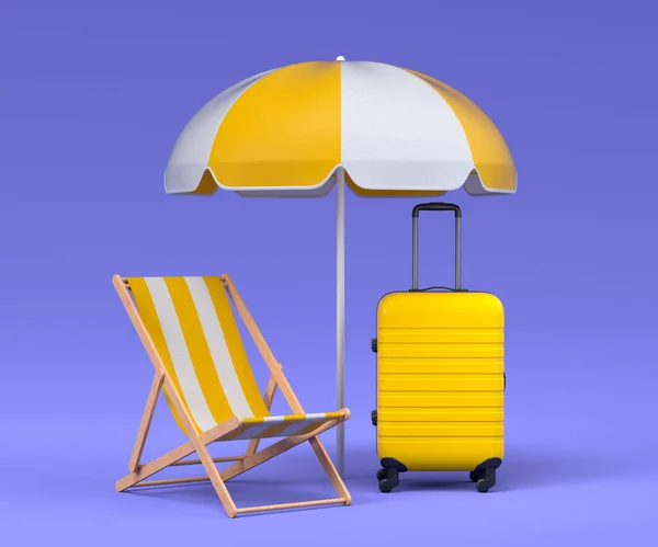 Colorful Beach Rings Chair Umbrellas Lugagge Blue Background Render Summer — Stock Photo, Image