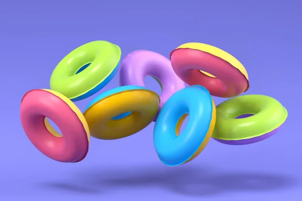 Colorful Inflatable Rings Flying Blue Background Render Summer Vacation Concept — Foto de Stock