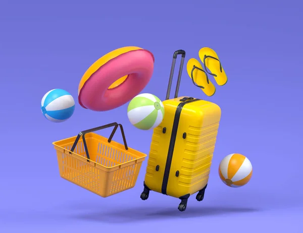 Colorful Luggage Beach Accessories Shopping Basket Flying Blue Background Render — Φωτογραφία Αρχείου