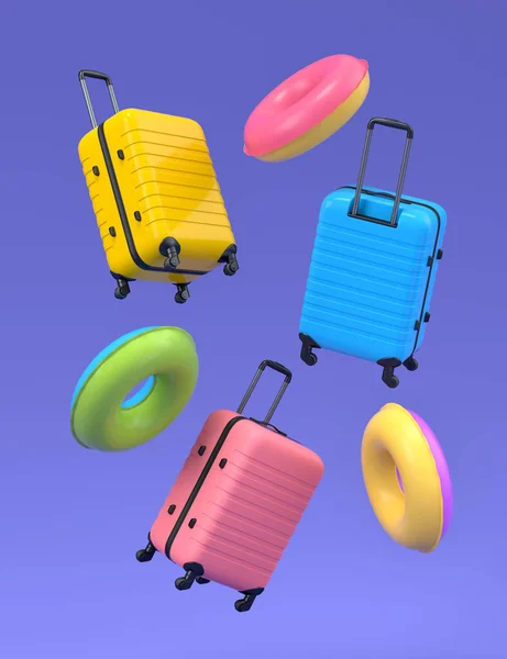 Colorful Suitcase Baggage Inflatable Rings Flying Blue Background Render Summer — Fotografie, imagine de stoc