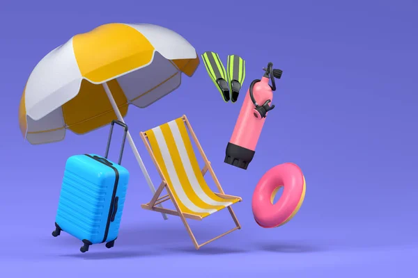 Colorful Luggage Beach Accessories Diving Gear Blue Background Render Summer — Φωτογραφία Αρχείου