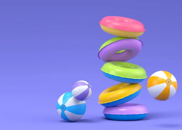 Colorful inflatable rings and balls flying on blue background. 3D render of summer vacation concept and holidays