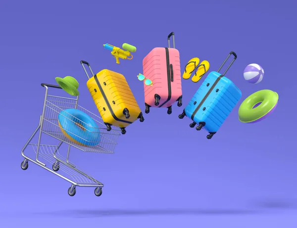 Colorful Luggage Beach Accessories Shopping Trolley Flying Blue Background Render — 图库照片