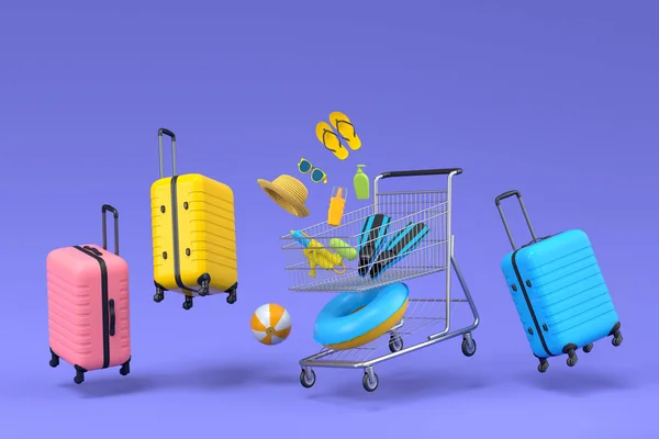 Colorful Luggage Beach Accessories Shopping Trolley Blue Background Render Summer — Foto de Stock