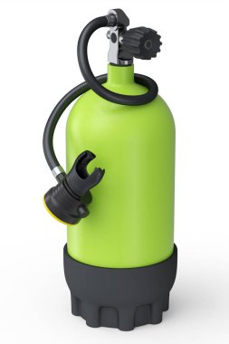 Şnorkelle yüzmek için yeşil dalış tüpü beyaz arka planda izole edilmiş. Yaz tatili için 3D dalış ve spor malzemesi.