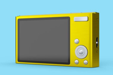 Mavi arka planda izole edilmiş şık sarı cep kamerası. 3D oluşturulmuş tatil gezisi konsepti